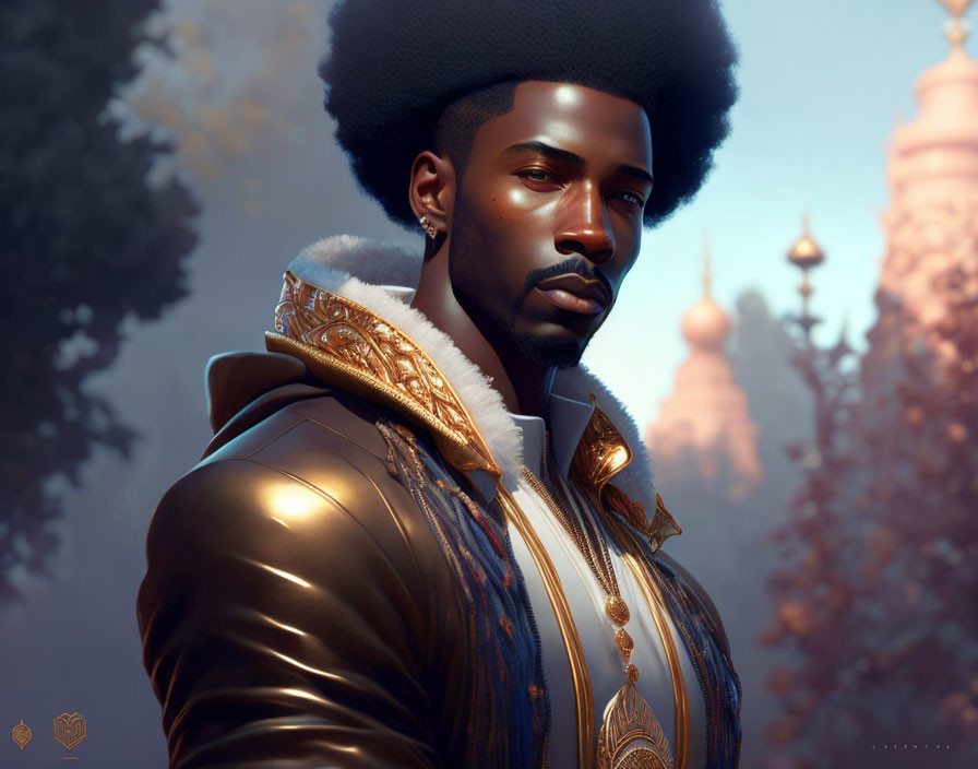 Man with Afro in Luxurious Gold-Trimmed Jacket Portrait