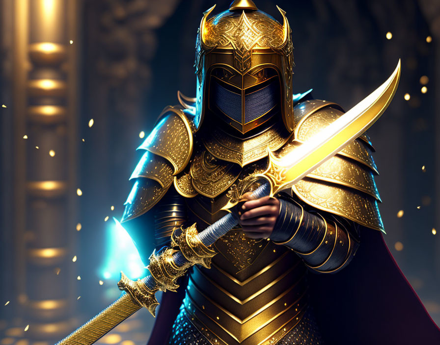 Golden-armored knight with sword in ancient setting surrounded by magical light