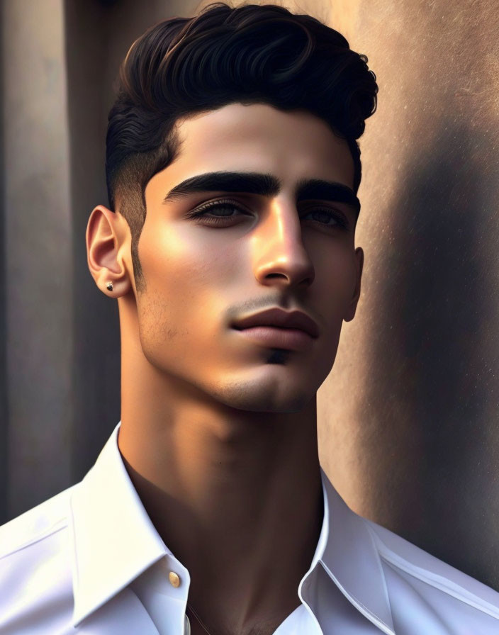 Young man with styled hair and white shirt in digital portrait