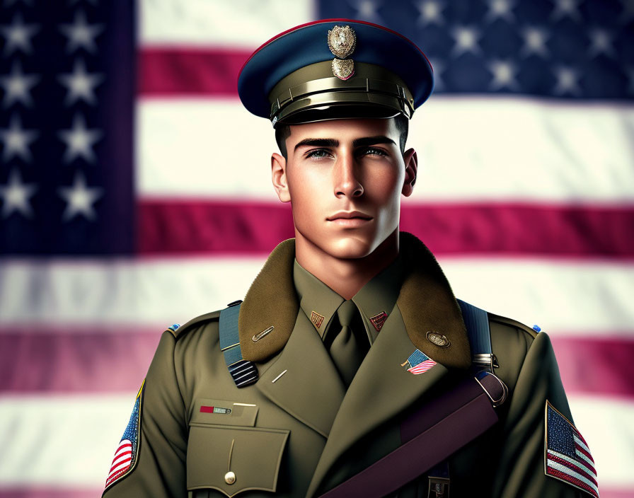 Male soldier in dress green uniform with US flag background