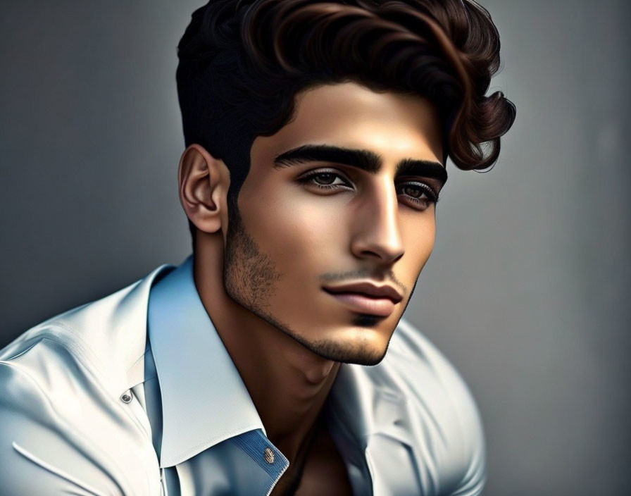 Stylized digital portrait of a young man with wavy hair and piercing eyes