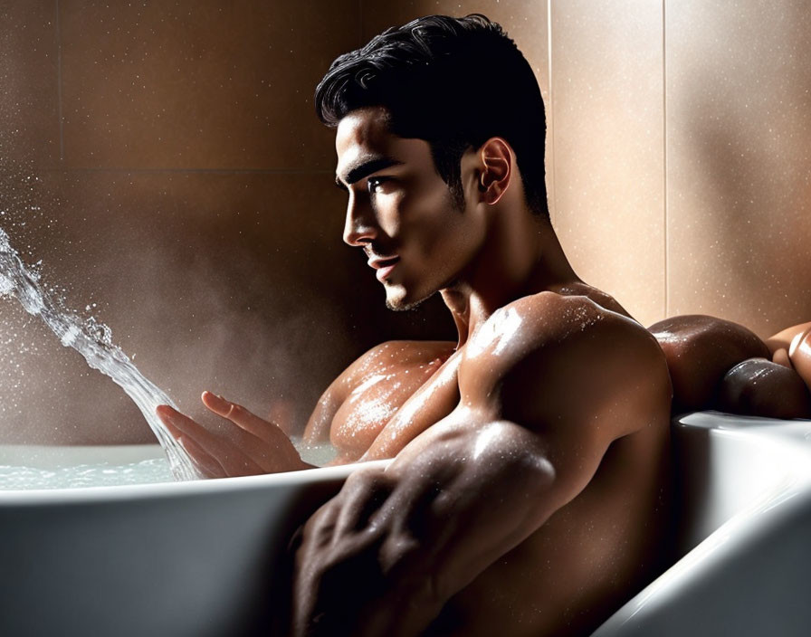 Muscular man in bathtub with water splashing on arm