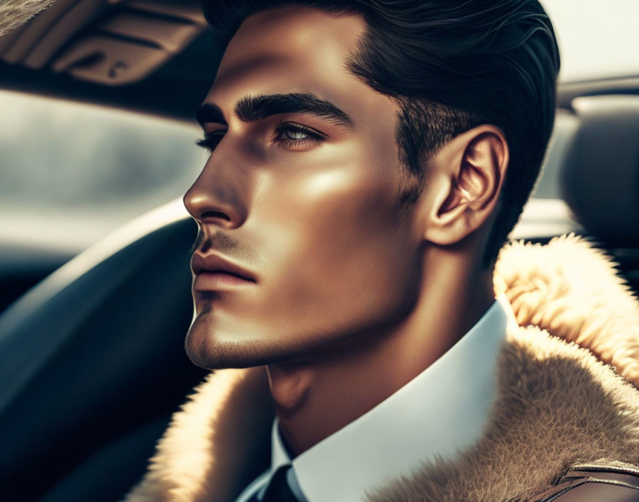 Sharp-featured man in car with fur-collared coat & shirt