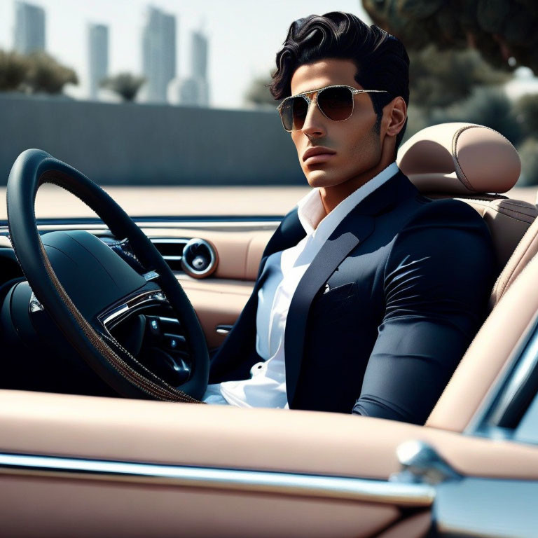 Fashionable man in suit and sunglasses in luxury convertible car with sleek dashboard.