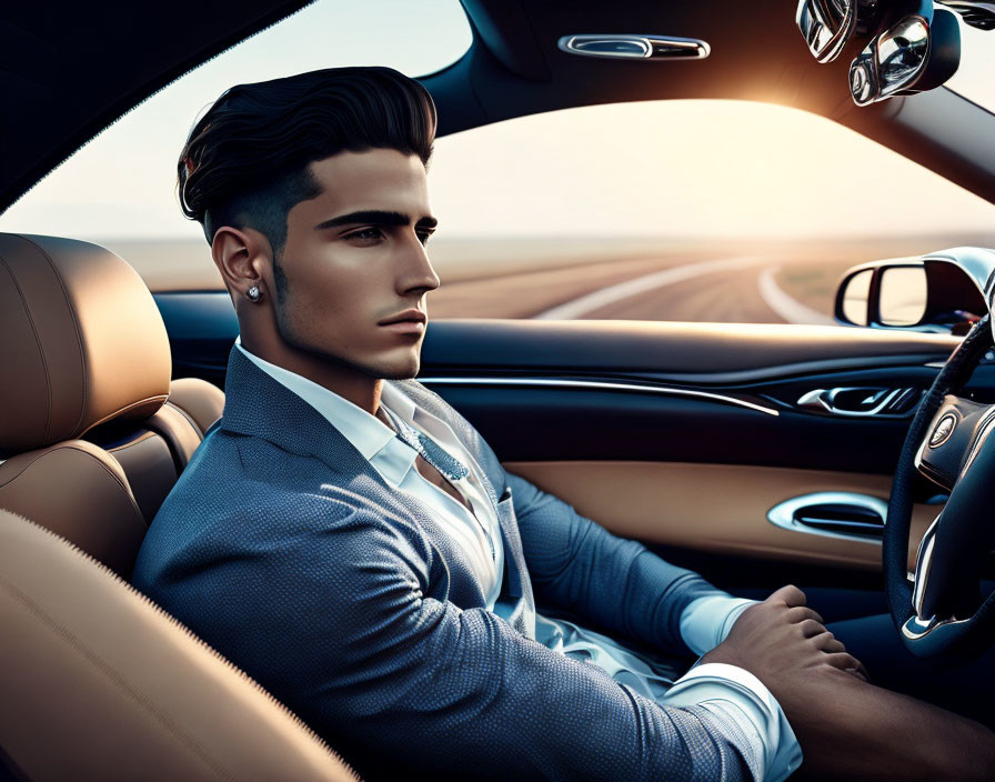 Suave Man in Suit Driving Luxurious Car at Sunset