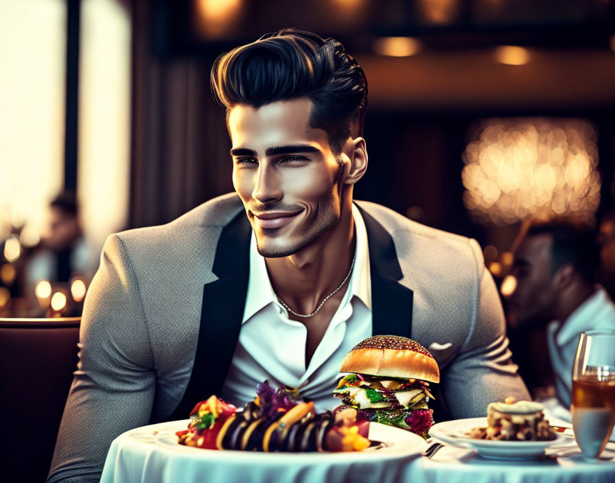 Man smiling at table with burger and dishes
