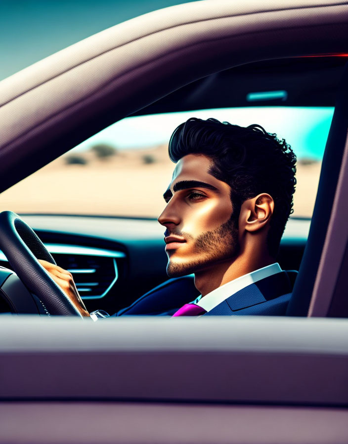 Man with Dark Hair Driving Car in Suit and Purple Tie