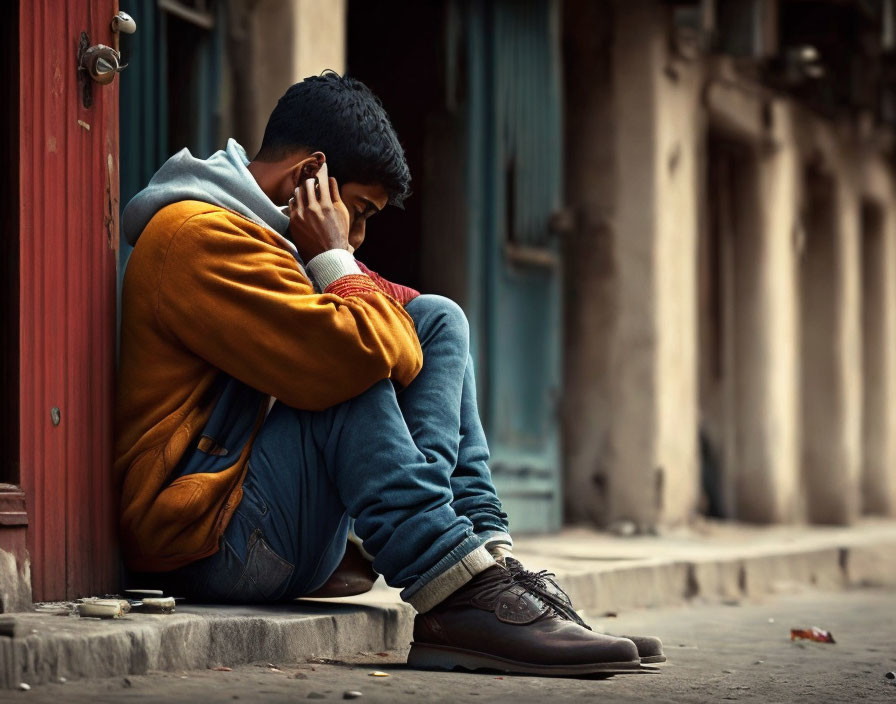 Person sitting on doorstep in desolate alleyway with cellphone to ear