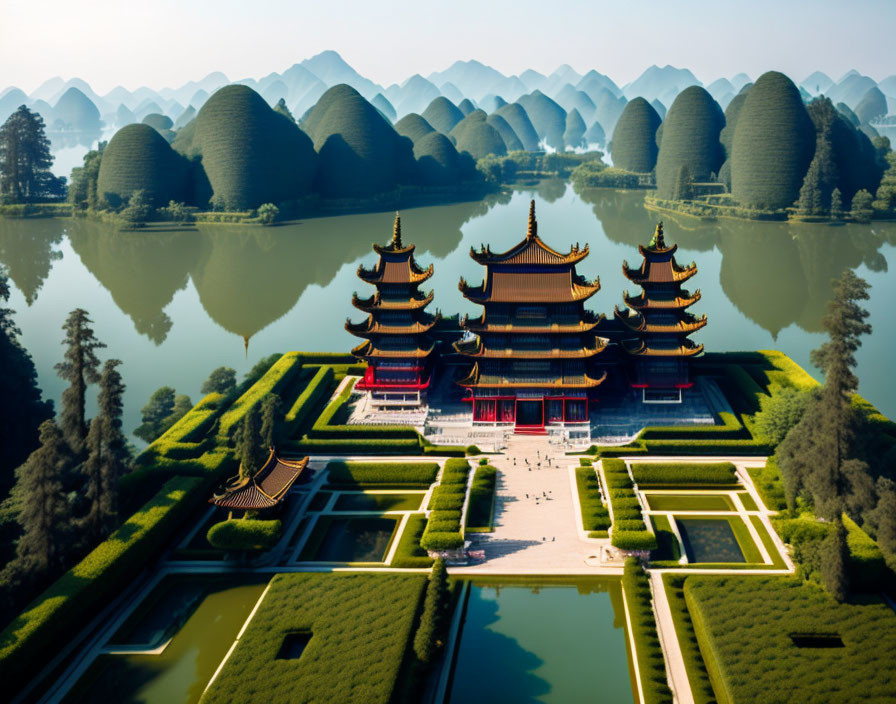 Traditional multi-tiered pagoda in ornate hedge gardens with mist-covered karst hills and mirror-like