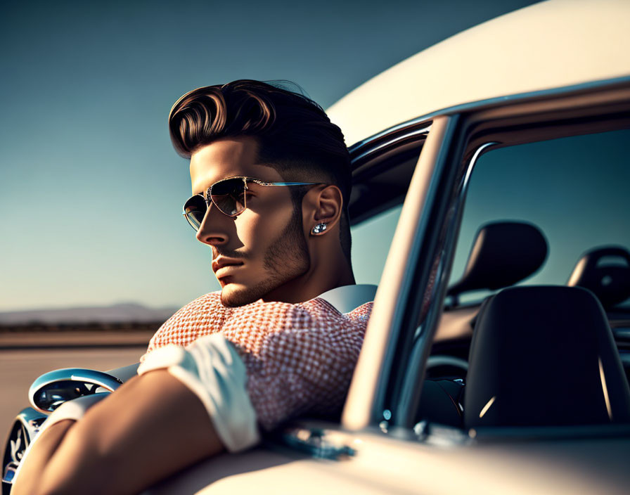 Fashionable man in sunglasses sitting in convertible car with focused expression.