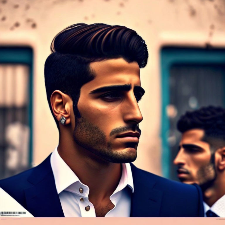 Stylish man in navy suit with slicked-back hairstyle and earring