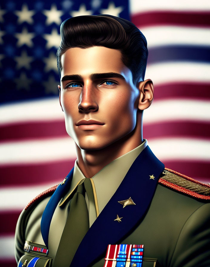Stylized male military officer with blue eyes and dark hair in uniform against American flag