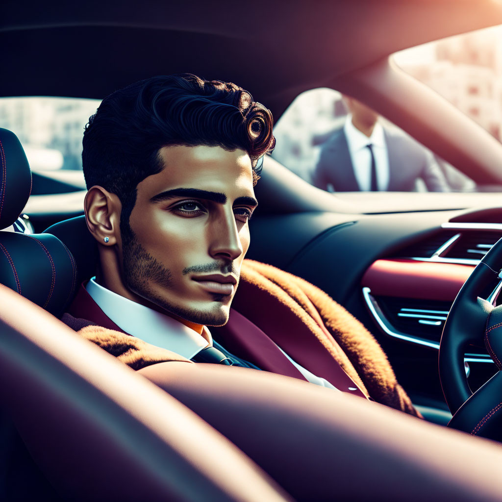 Sculpted facial features and modern hairstyle in luxurious car interior.