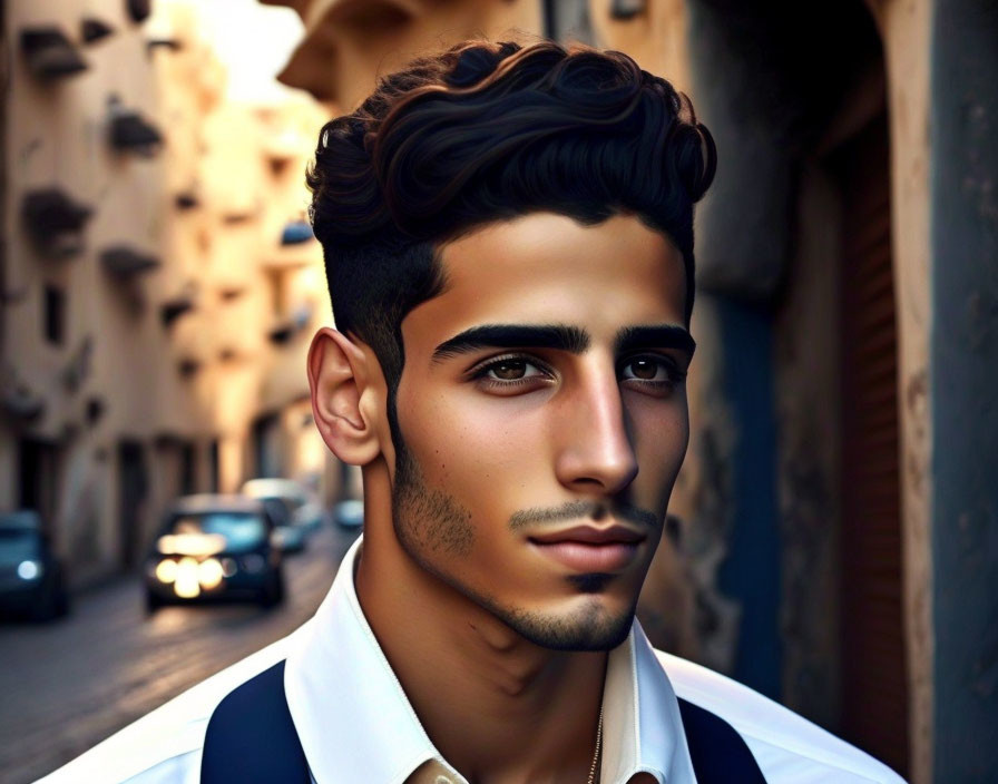 Digitally rendered portrait of a man with stylized hair in street setting