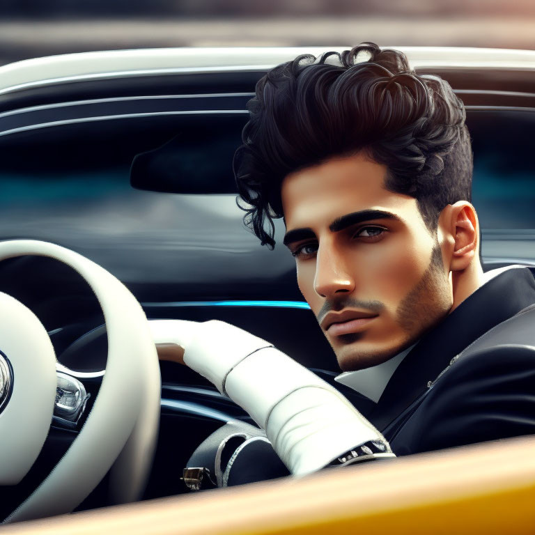 Young man in black suit and white gloves in luxury car, gazing out window
