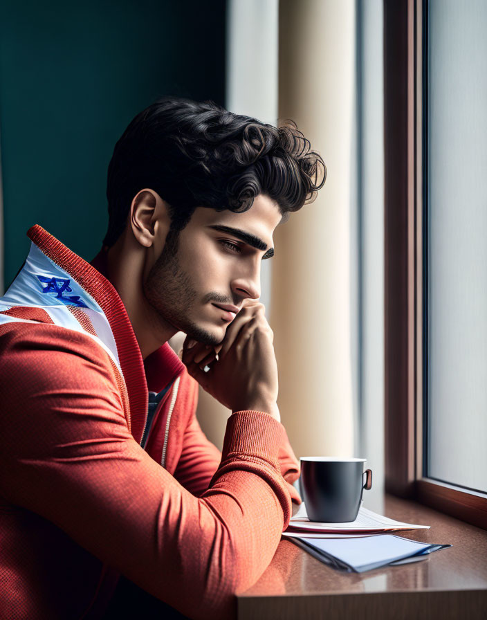 Stylish man in red jacket with Israeli flag, looking out window with coffee cup and notebook.