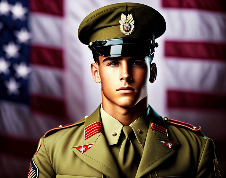 Young male in formal military uniform with insignia against American flag.