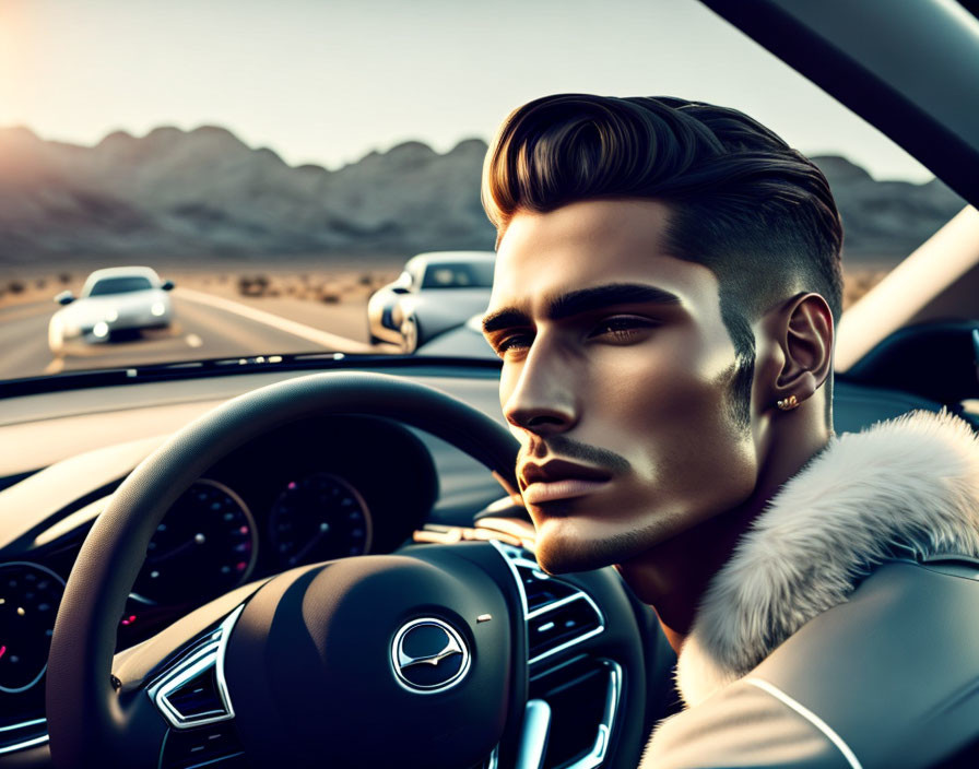 Charismatic man driving luxury car in desert setting