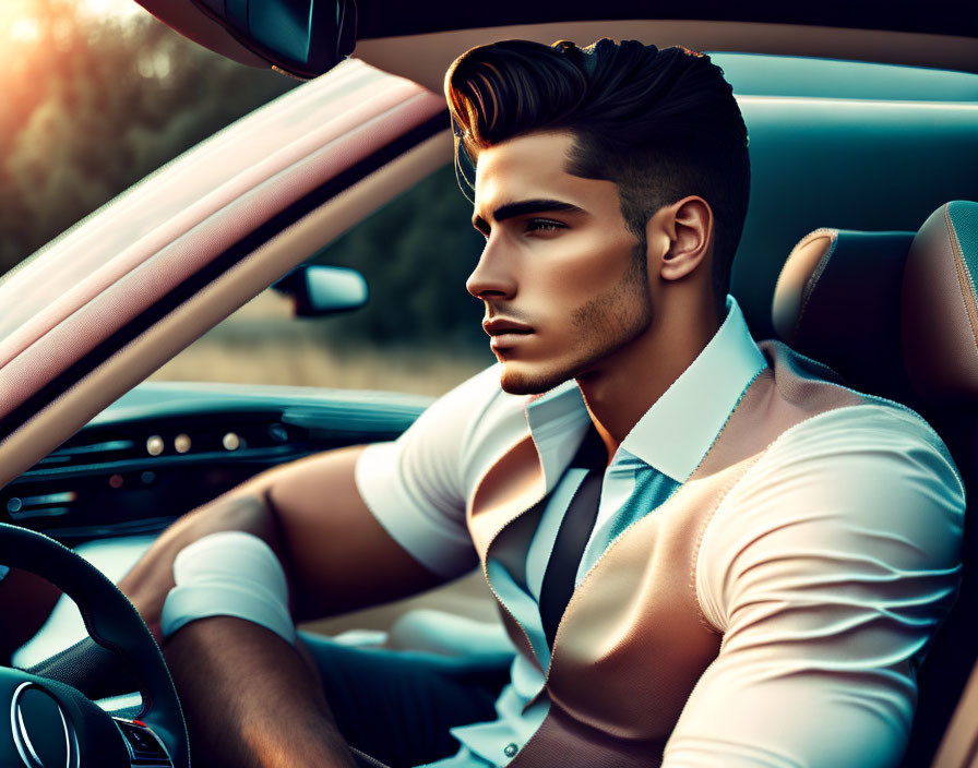 Man with slicked-back hair in vest and tie driving car with serious expression