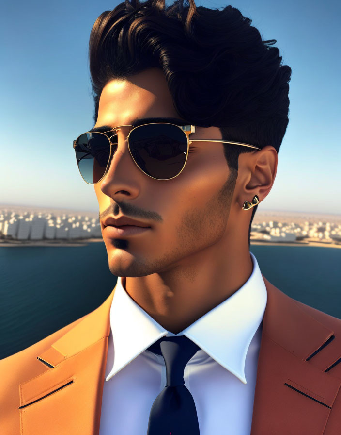 Fashionable man in peach blazer with quiff hairstyle and sunglasses by coastal cityscape