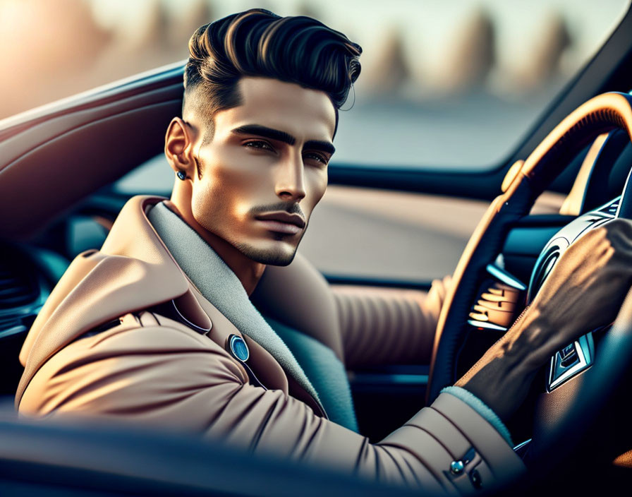 Sharp Hairstyle Man in Tan Coat Driving Car with Focused Gaze