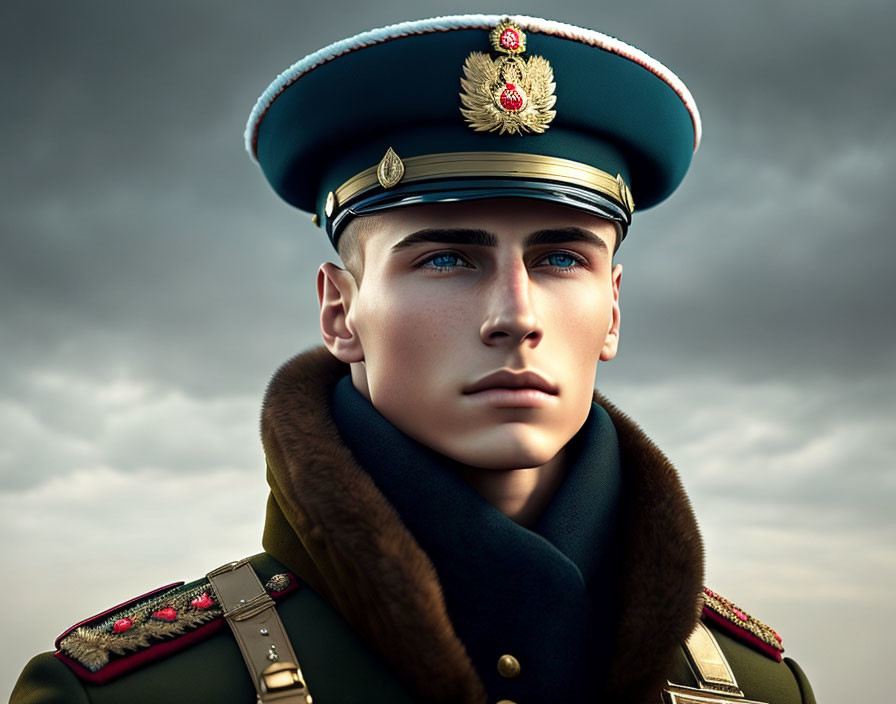 Young man in military uniform with cap and insignia against dramatic sky
