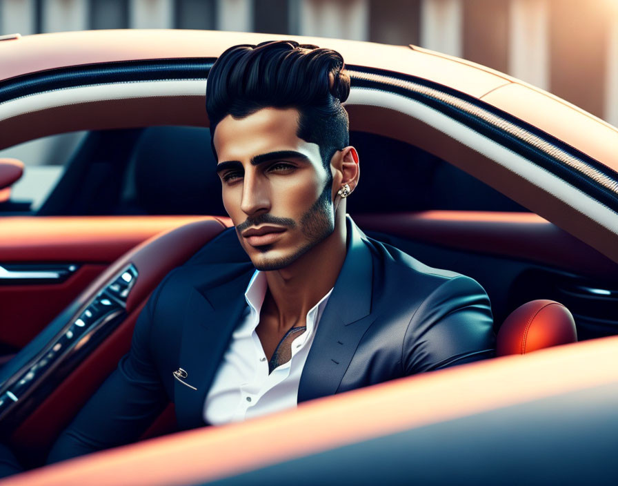 Fashionable man in luxury car with slicked-back hairstyle and intense gaze