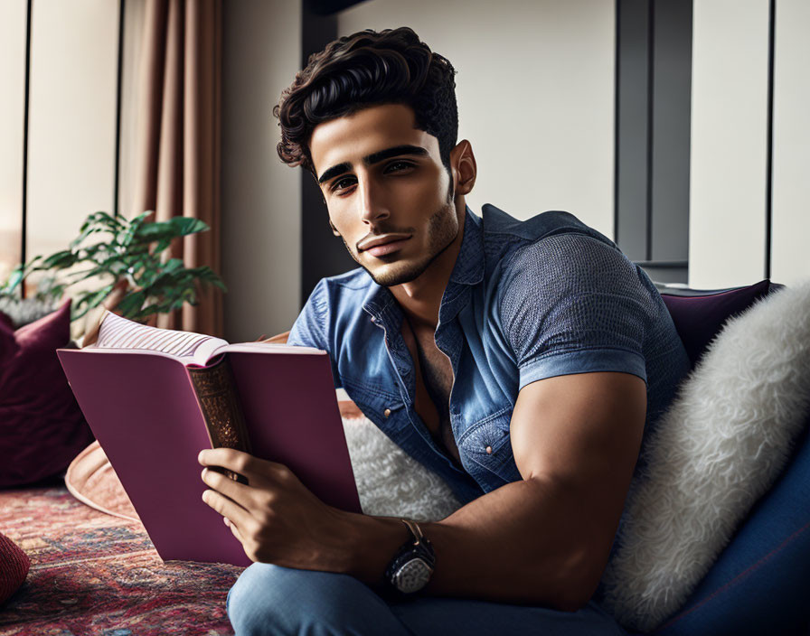 Stylized image of a man reading book on cozy couch