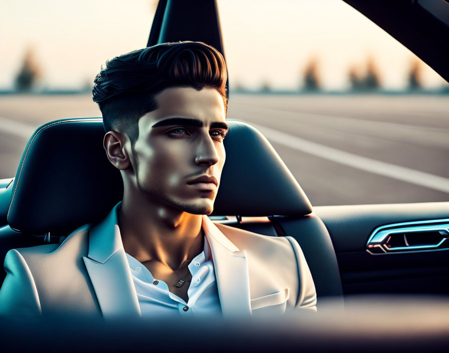 Digital artwork of man driving car at sunset with slicked-back hair