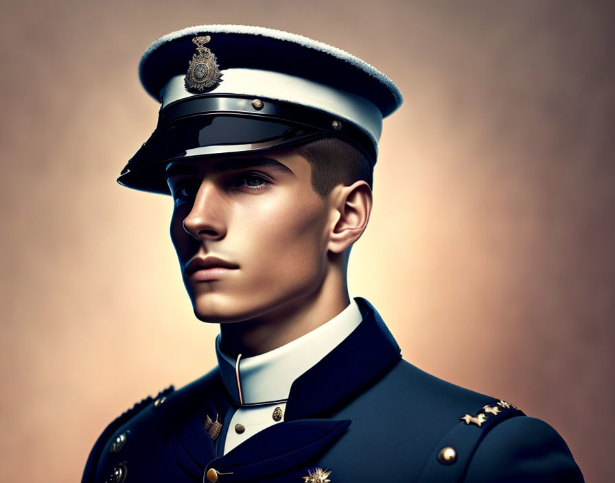 Man in Dress Blue Military Uniform with Visor Cap and Insignia