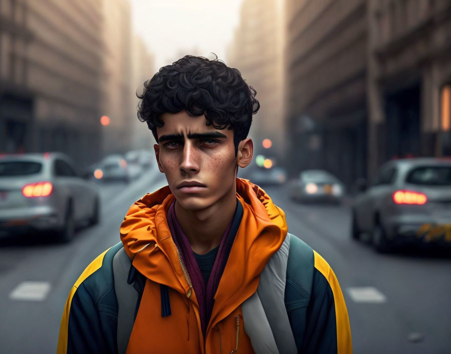 Curly-Haired Youth in Orange Jacket Amid City Street with Blurred Car Lights