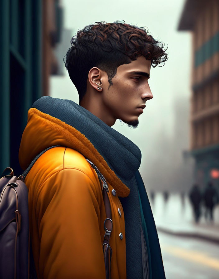 Digital artwork of young man with curly hair in yellow hoodie and backpack on misty city street