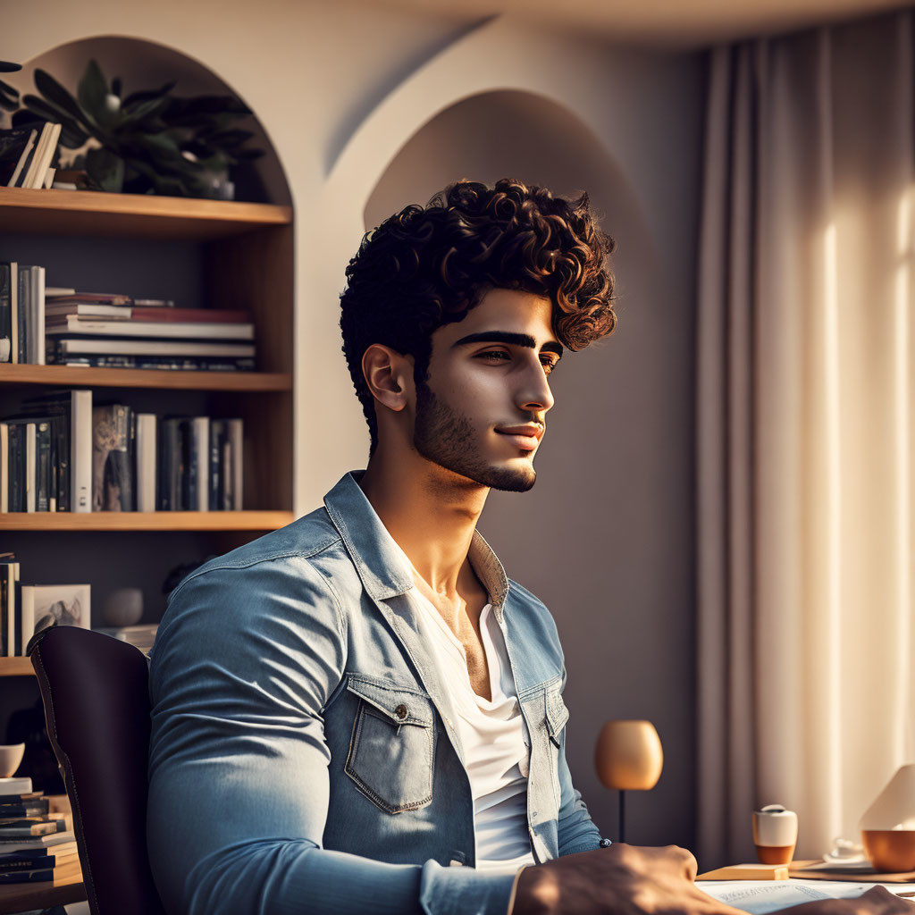Curly-Haired Young Man Sitting by Window with Books and Plant