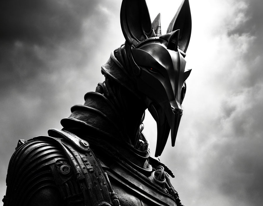 Monochrome image of person in armor with wolf helmet under cloudy sky