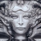 Intricate humanoid face surrounded by mechanical structures