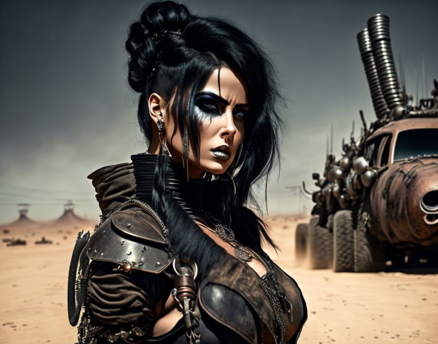 Post-apocalyptic warrior woman in bold makeup amidst desert vehicles