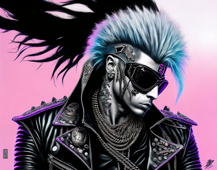Person with Blue Mohawk and Sunglasses in Studded Leather Jacket on Pink Background