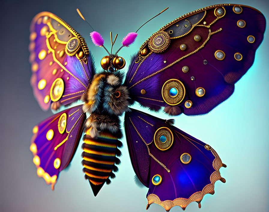 Colorful Butterfly with Eye Motifs and Jewel-like Embellishments on Soft Background