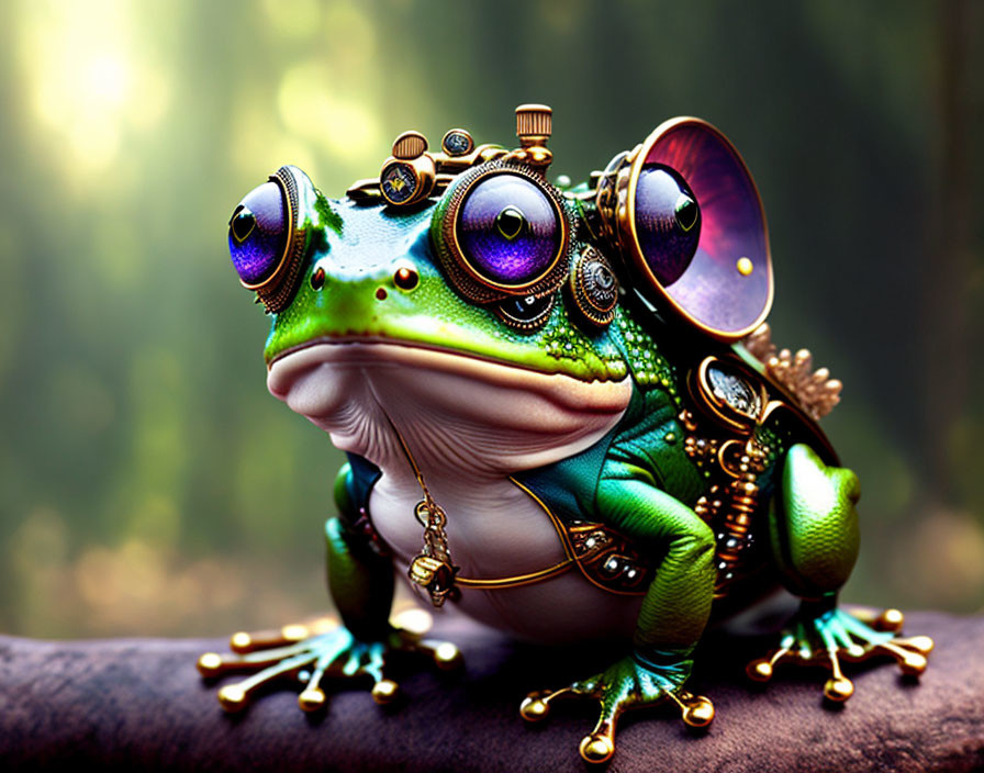 Steampunk-inspired mechanical frog with goggle-like eyes in forest setting