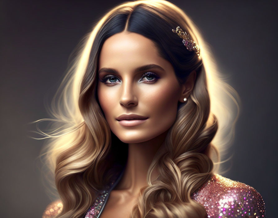 Portrait of Woman with Wavy Hair and Sparkling Dress