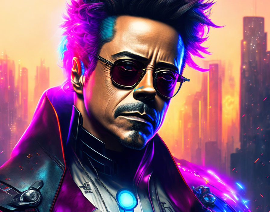 Digital portrait of man with sunglasses, glowing chest piece, and futuristic city backdrop