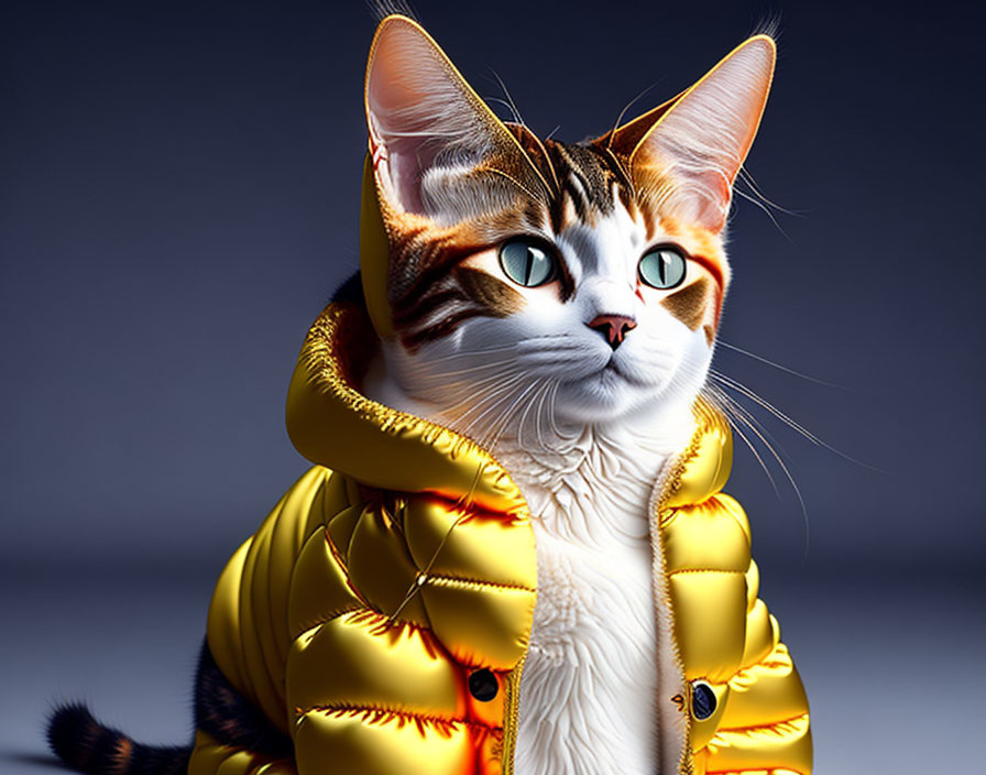 Digital Art: Cat with Green Eyes in Yellow Hooded Jacket