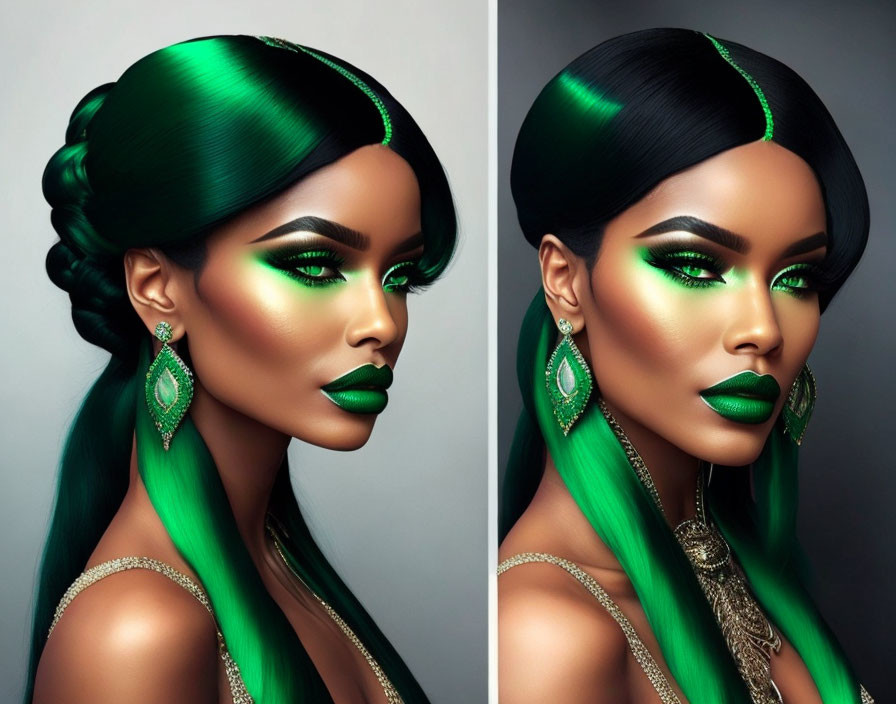 Striking Green Hair Woman with Coordinating Makeup and Accessories