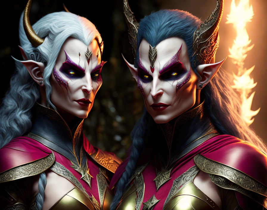Fantasy characters with pointed ears and elaborate makeup in fiery setting