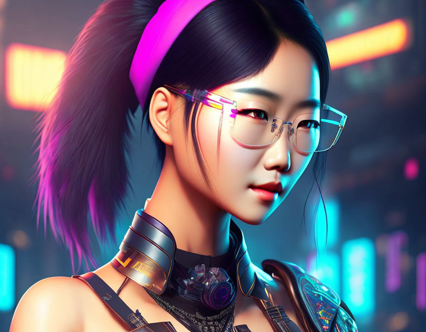 Futuristic digital artwork of woman with glowing glasses and neon accessories