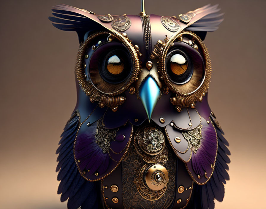 Steampunk-style owl with metal details and glowing eyes