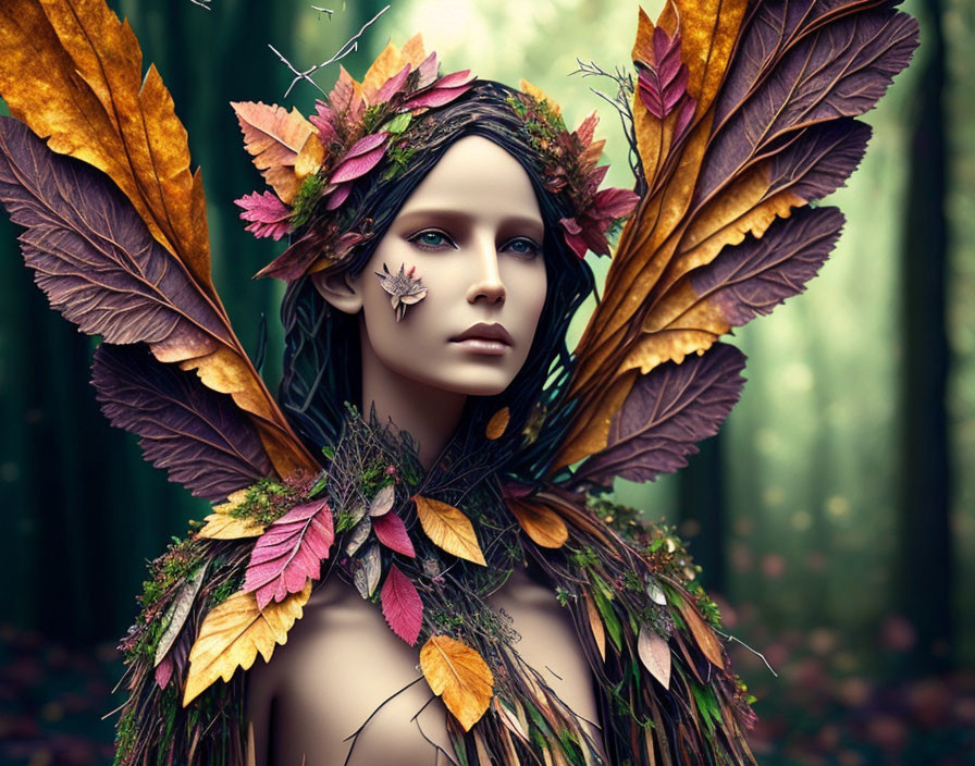Person portrait with autumnal theme and nature adornments in mystical forest.