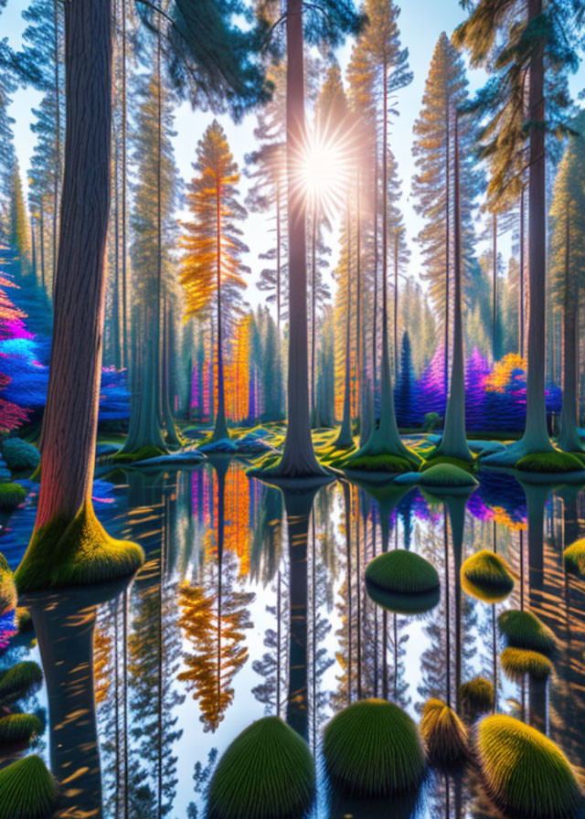 Serene image of mystical forest with tall trees and vibrant colors