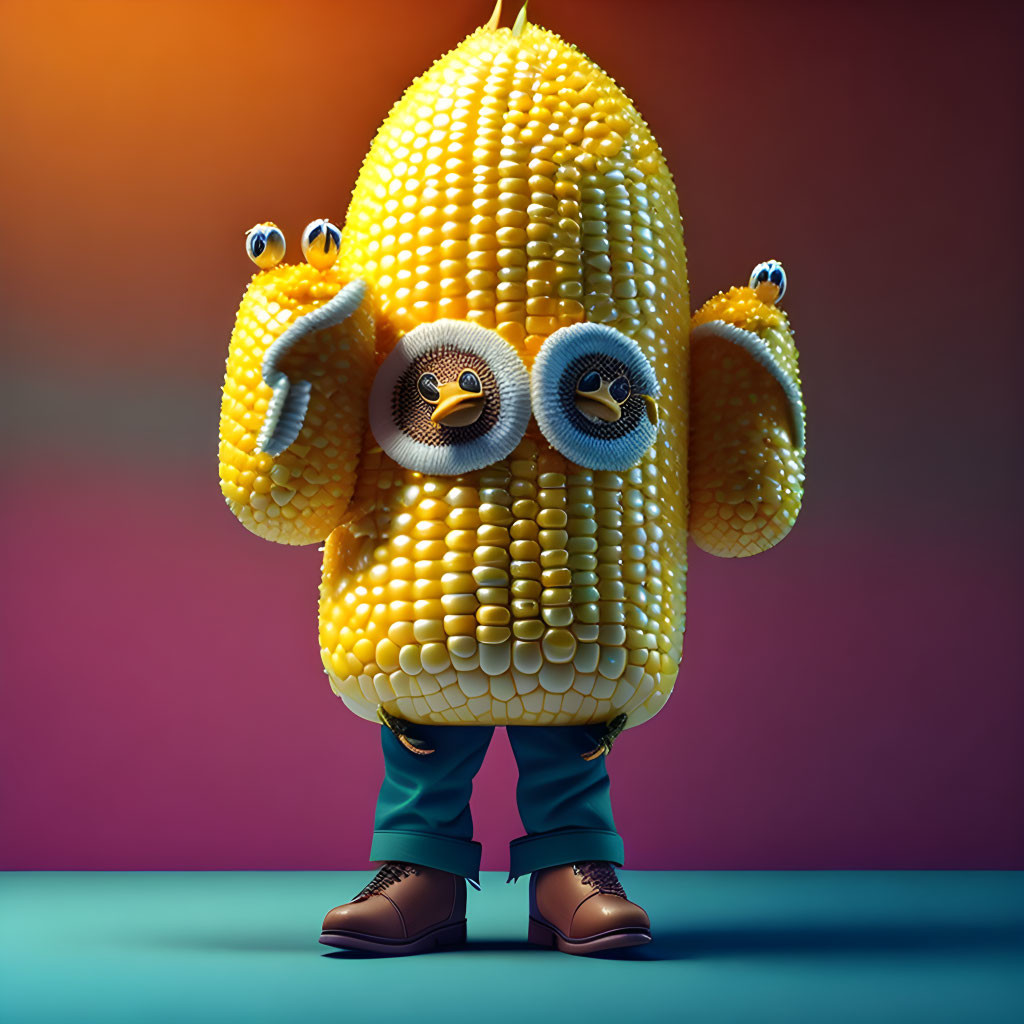 Colorful anthropomorphic corn cob with snake-like arms and teal pants.