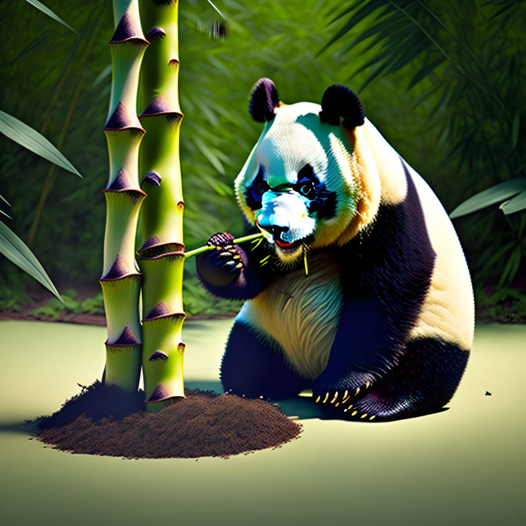 Panda eating bamboo leaves with dirt mound in front